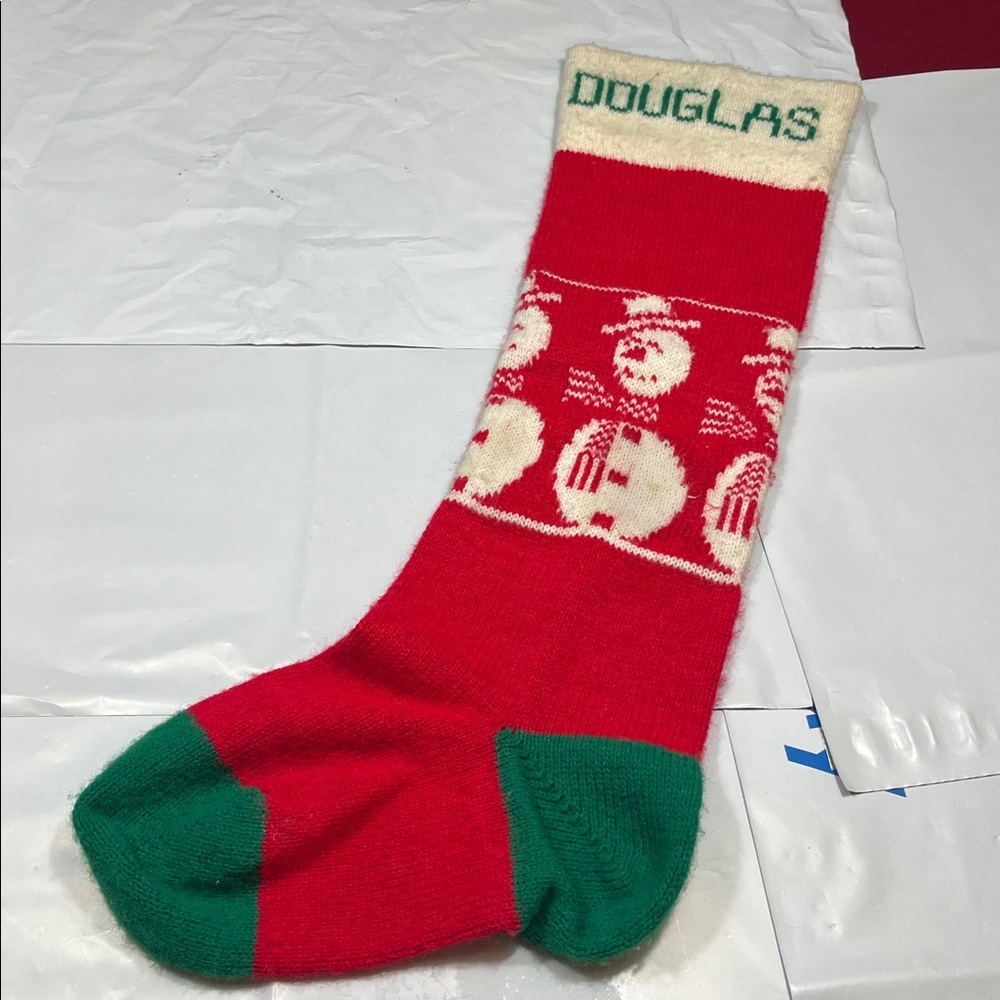 red green Knit white SNOWMAN big Christmas Stocking DOUGLAS VTG 23” holiday fun